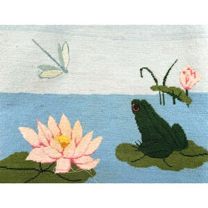 Finished Needlepoint Frog Lily Pad Lotus Flower Dragonfly Completed Unframed HTF